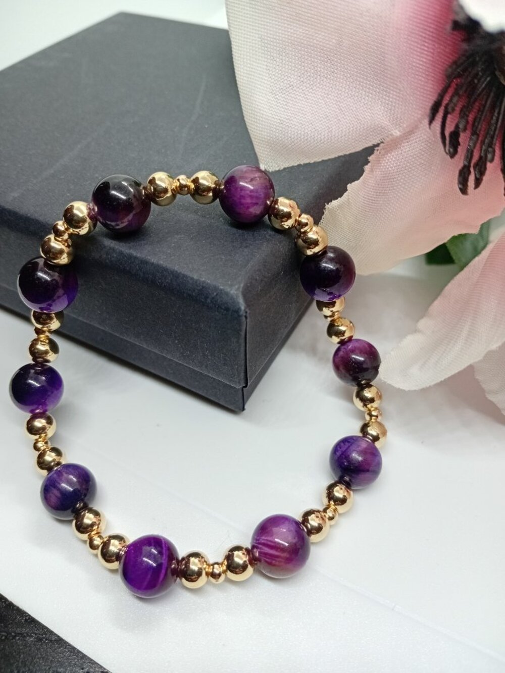 14K Gold Filled Purple Tiger's Eye Bead Bracelet Stretch Women